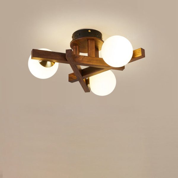 Traditional Chinese Long Round Ball Wooden Copper Frame Glass Shade 3/6/9 Light Semi-Flush Mount Ceiling Light For Living Room - Image 15