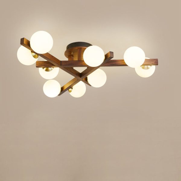 Traditional Chinese Long Round Ball Wooden Copper Frame Glass Shade 3/6/9 Light Semi-Flush Mount Ceiling Light For Living Room - Image 17