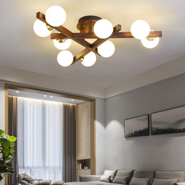 Traditional Chinese Long Round Ball Wooden Copper Frame Glass Shade 3/6/9 Light Semi-Flush Mount Ceiling Light For Living Room - Image 14