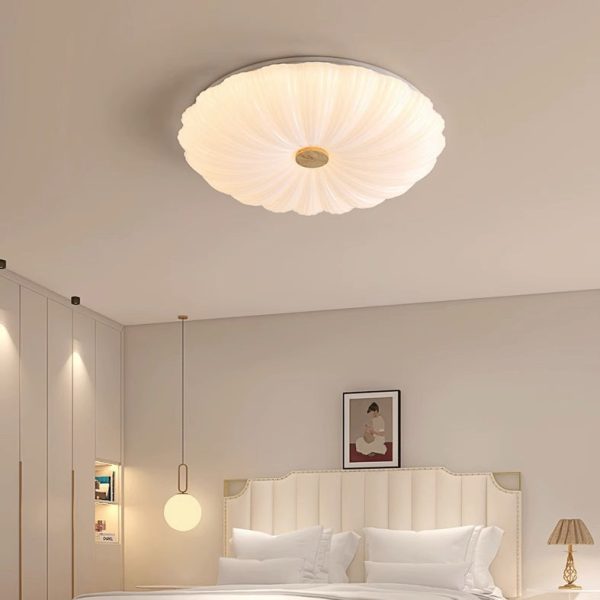Modern Minimalist Round Flower Stripe Acrylic Shade Wood LED Flush Mount Ceiling Light For Bedroom - Image 2