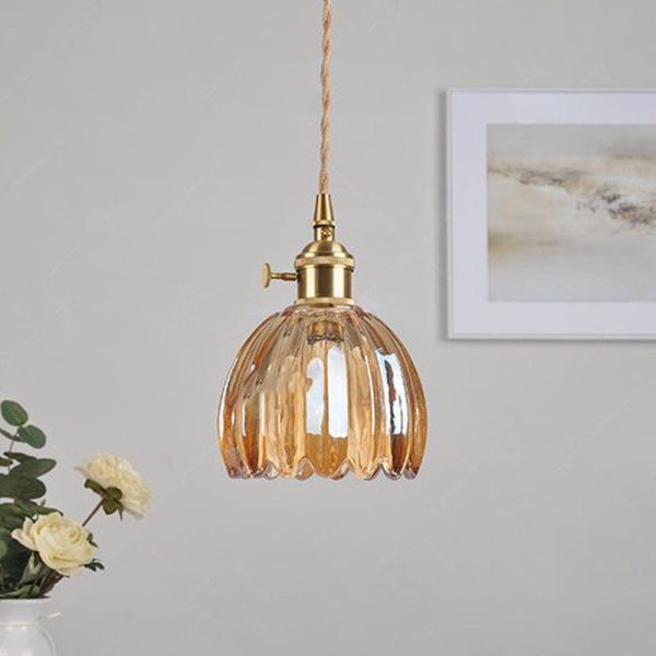 Contemporary Nordic Round Flower Glass Shade Iron Brass 1-Light Pendant Light For Living Room - Image 14