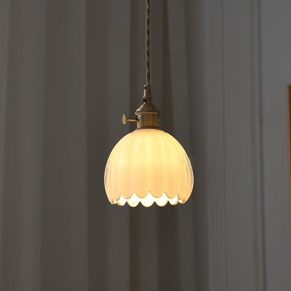 Contemporary Nordic Round Flower Glass Shade Iron Brass 1-Light Pendant Light For Living Room - Image 16