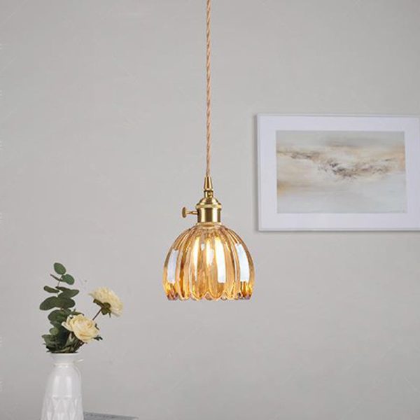 Contemporary Nordic Round Flower Glass Shade Iron Brass 1-Light Pendant Light For Living Room - Image 17
