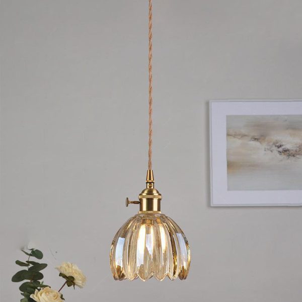 Contemporary Nordic Round Flower Glass Shade Iron Brass 1-Light Pendant Light For Living Room - Image 19