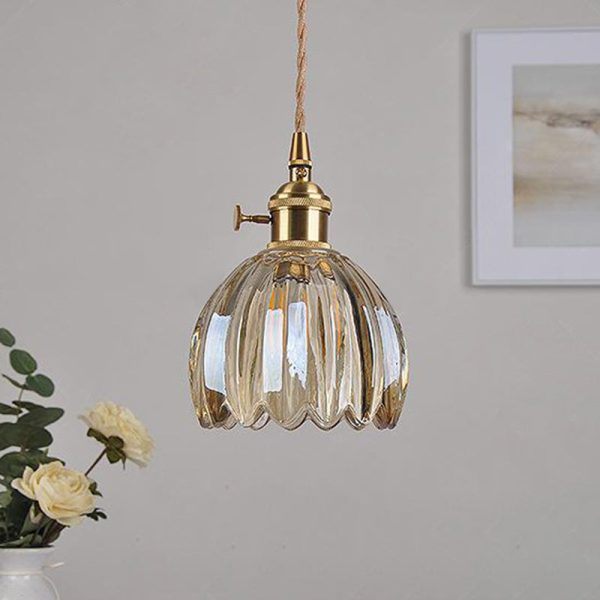 Contemporary Nordic Round Flower Glass Shade Iron Brass 1-Light Pendant Light For Living Room - Image 20