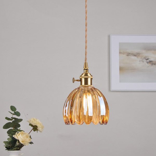 Contemporary Nordic Round Flower Glass Shade Iron Brass 1-Light Pendant Light For Living Room - Image 5