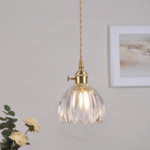 Contemporary Nordic Round Flower Glass Shade Iron Brass 1-Light Pendant Light For Living Room - Image 10