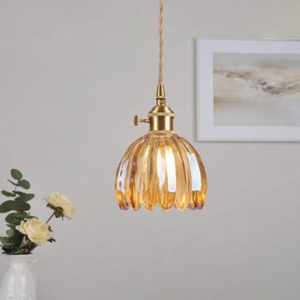 Contemporary Nordic Round Flower Glass Shade Iron Brass 1-Light Pendant Light For Living Room - Image 13