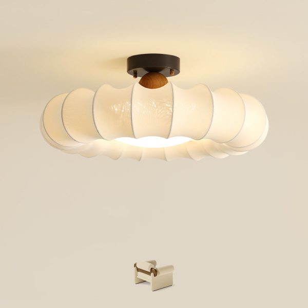 Traditional Vintage Circular Silk Shade Iron Solid Wooden Base LED Semi-Flush Mount Ceiling Light For Bedroom - Image 12