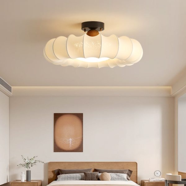 Traditional Vintage Circular Silk Shade Iron Solid Wooden Base LED Semi-Flush Mount Ceiling Light For Bedroom - Image 14
