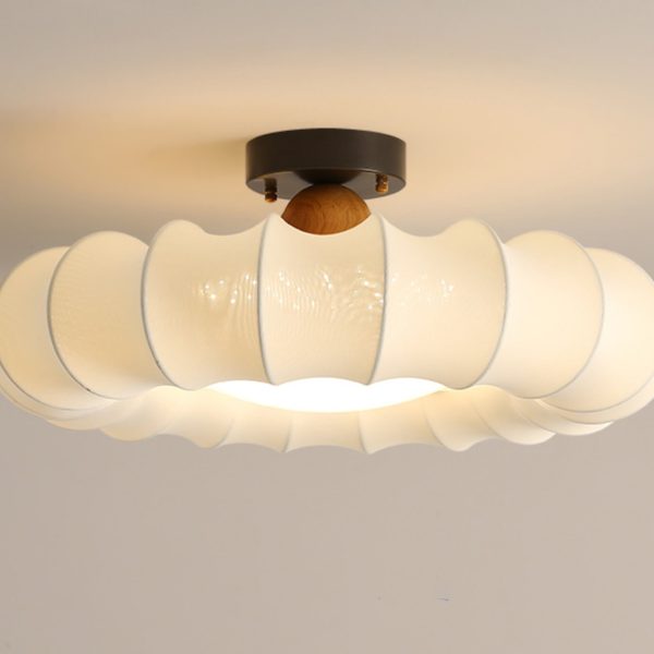 Traditional Vintage Circular Silk Shade Iron Solid Wooden Base LED Semi-Flush Mount Ceiling Light For Bedroom - Image 10