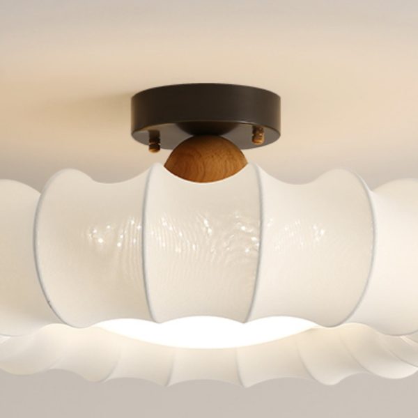 Traditional Vintage Circular Silk Shade Iron Solid Wooden Base LED Semi-Flush Mount Ceiling Light For Bedroom - Image 8