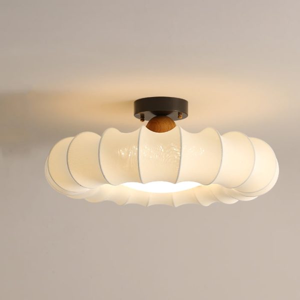 Traditional Vintage Circular Silk Shade Iron Solid Wooden Base LED Semi-Flush Mount Ceiling Light For Bedroom - Image 5