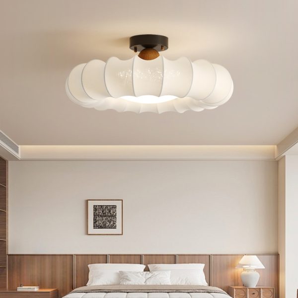 Traditional Vintage Circular Silk Shade Iron Solid Wooden Base LED Semi-Flush Mount Ceiling Light For Bedroom - Image 2