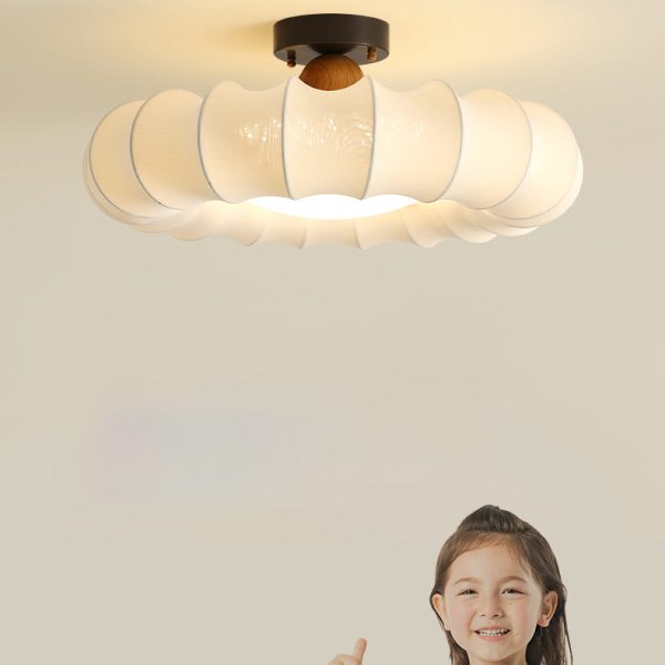 Traditional Vintage Circular Silk Shade Iron Solid Wooden Base LED Semi-Flush Mount Ceiling Light For Bedroom - Image 11