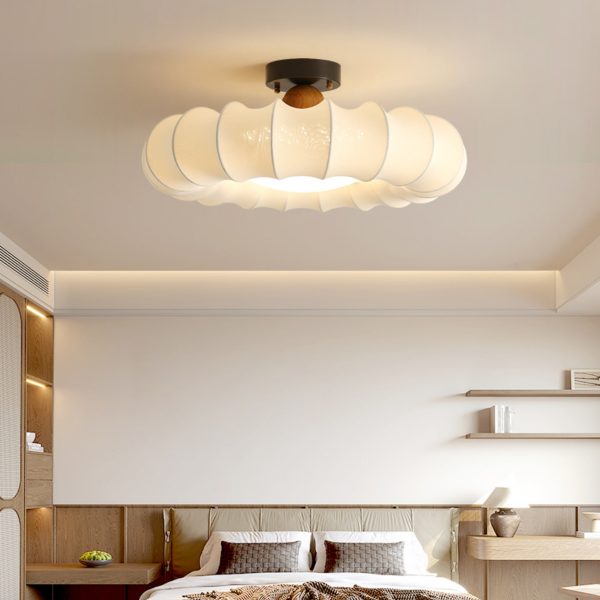 Traditional Vintage Circular Silk Shade Iron Solid Wooden Base LED Semi-Flush Mount Ceiling Light For Bedroom - Image 13