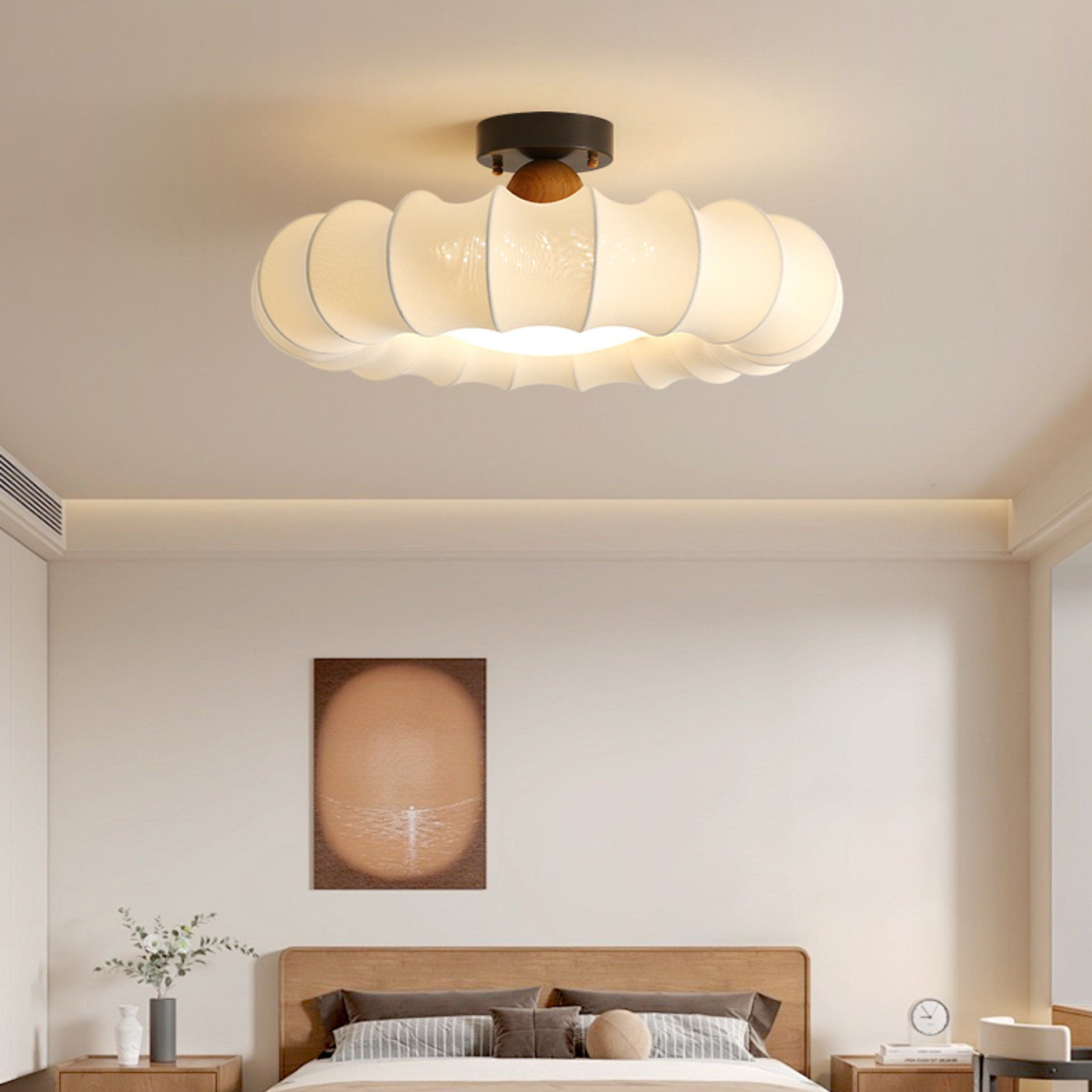 BS-Lighting-LC03746-8.jpg Traditional Vintage Circular Silk Shade Iron Solid Wooden Base LED Semi-Flush Mount Ceiling Light For Bedroom - Image 1