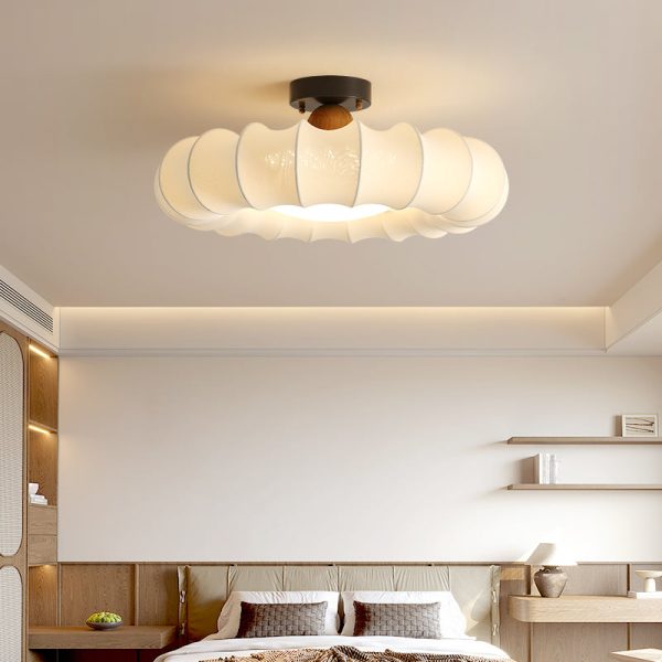Traditional Vintage Circular Silk Shade Iron Solid Wooden Base LED Semi-Flush Mount Ceiling Light For Bedroom - Image 3