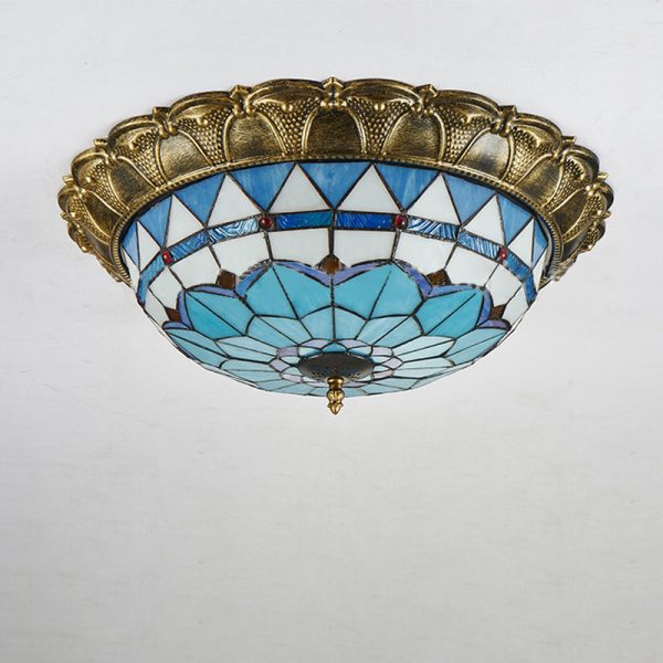Traditional Tiffany Round Dome Iron Stained Glass LED Flush Mount Ceiling Light For Living Room - Image 9
