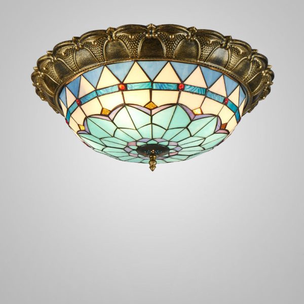 Traditional Tiffany Round Dome Iron Stained Glass LED Flush Mount Ceiling Light For Living Room - Image 8