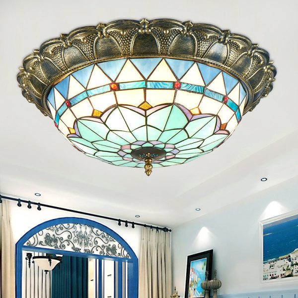 Traditional Tiffany Round Dome Iron Stained Glass LED Flush Mount Ceiling Light For Living Room - Image 2
