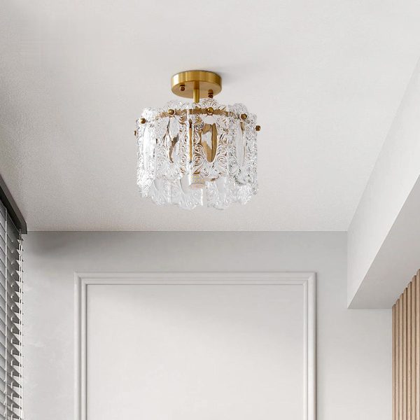 Traditional French Round Lace Full Copper Frame Glass Shade 1-Light Semi-Flush Mount Ceiling Light For Living Room - Image 7