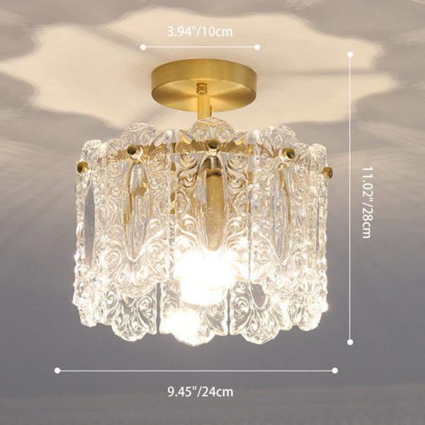 Traditional French Round Lace Full Copper Frame Glass Shade 1-Light Semi-Flush Mount Ceiling Light For Living Room - Image 4
