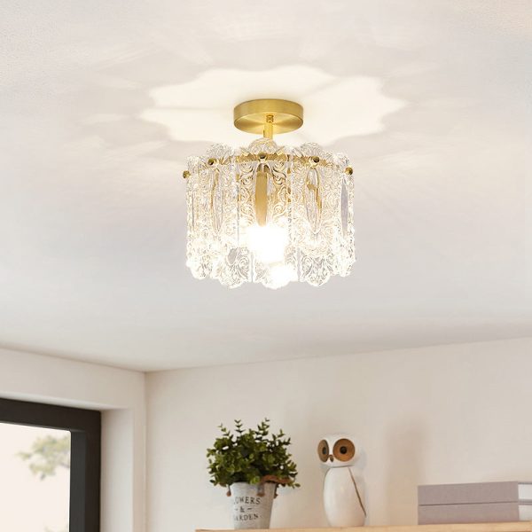 Traditional French Round Lace Full Copper Frame Glass Shade 1-Light Semi-Flush Mount Ceiling Light For Living Room - Image 2