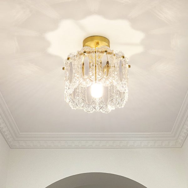 Traditional French Round Lace Full Copper Frame Glass Shade 1-Light Semi-Flush Mount Ceiling Light For Living Room - Image 3