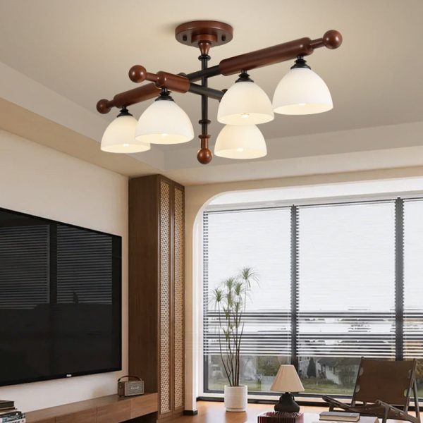 Traditional French Branch Round Bowl Lid Shape Hardware Wood Glass 4/6/8 Semi-Flush Mount Ceiling Light For Living Room - Image 14