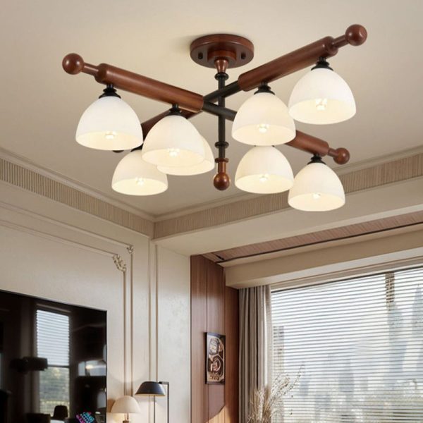 Traditional French Branch Round Bowl Lid Shape Hardware Wood Glass 4/6/8 Semi-Flush Mount Ceiling Light For Living Room - Image 3