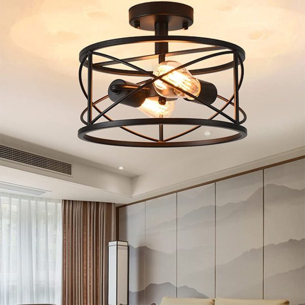 Contemporary Industrial Round Square Geometric Iron Wood Frame 2/4 Light Semi-Flush Mount Ceiling Light For Living Room - Image 2