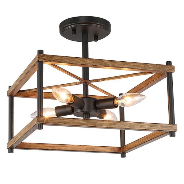 Contemporary Industrial Round Square Geometric Iron Wood Frame 2/4 Light Semi-Flush Mount Ceiling Light For Living Room - Image 9