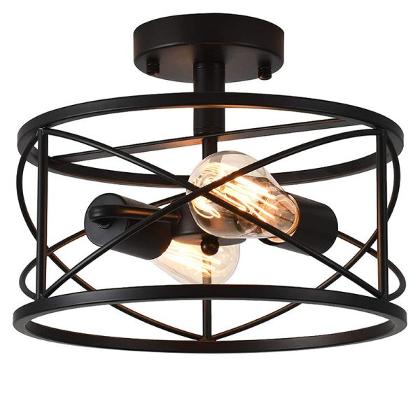 Contemporary Industrial Round Square Geometric Iron Wood Frame 2/4 Light Semi-Flush Mount Ceiling Light For Living Room - Image 10