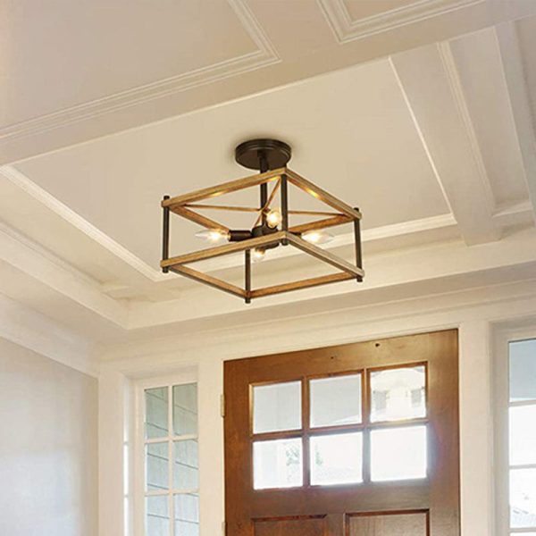 Contemporary Industrial Round Square Geometric Iron Wood Frame 2/4 Light Semi-Flush Mount Ceiling Light For Living Room - Image 6