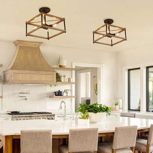 Contemporary Industrial Round Square Geometric Iron Wood Frame 2/4 Light Semi-Flush Mount Ceiling Light For Living Room - Image 7