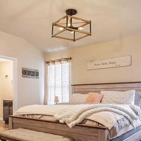 Contemporary Industrial Round Square Geometric Iron Wood Frame 2/4 Light Semi-Flush Mount Ceiling Light For Living Room - Image 3