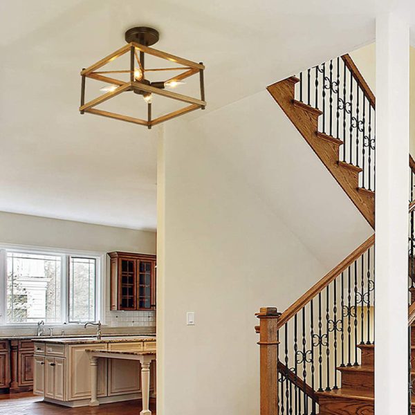 Contemporary Industrial Round Square Geometric Iron Wood Frame 2/4 Light Semi-Flush Mount Ceiling Light For Living Room - Image 8