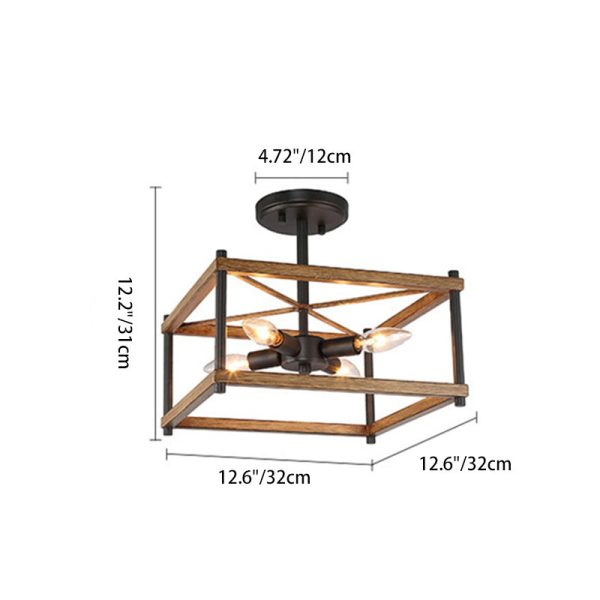 Contemporary Industrial Round Square Geometric Iron Wood Frame 2/4 Light Semi-Flush Mount Ceiling Light For Living Room - Image 5