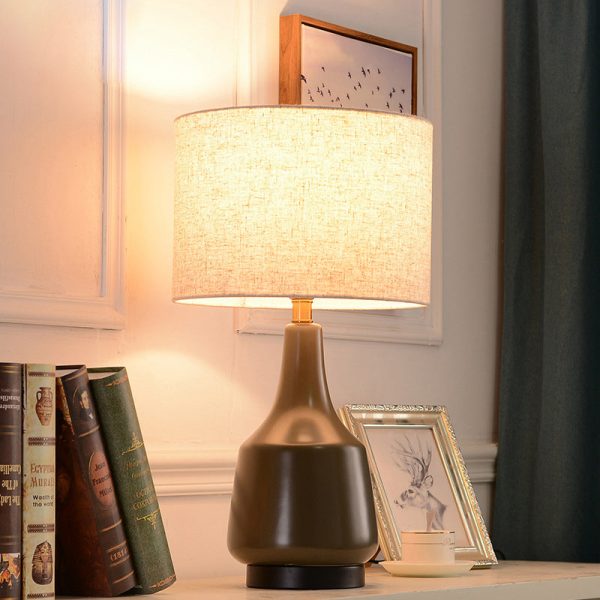 Contemporary Scandinavian Brass Ceramic Fabric Tapered Cylindrical Shade 1-Light Table Lamp For Bedroom And Study - Image 2