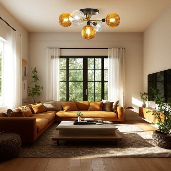 Contemporary Scandinavian Iron Glass Spherical 5/9-Light Semi-Flush Mount Ceiling Light For Living Room, Bedroom Or Entrance Hallway - Image 15