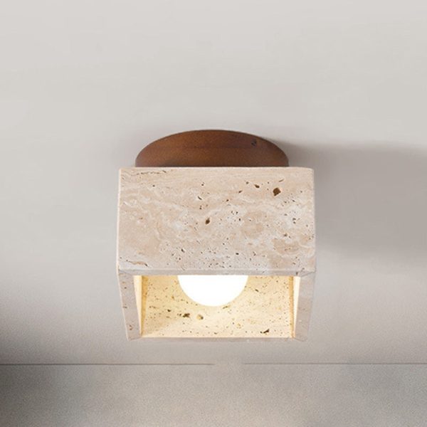 Traditional Japanese Round Square Stone Wood 1-Light Semi-Flush Mount Ceiling Light For Living Room - Image 3