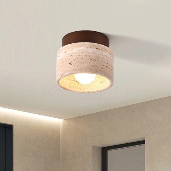 Traditional Japanese Round Square Stone Wood 1-Light Semi-Flush Mount Ceiling Light For Living Room - Image 2