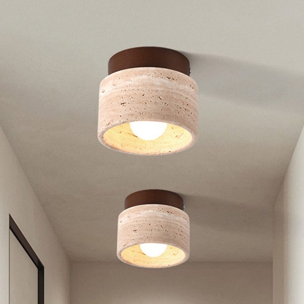Traditional Japanese Round Square Stone Wood 1-Light Semi-Flush Mount Ceiling Light For Living Room - Image 8