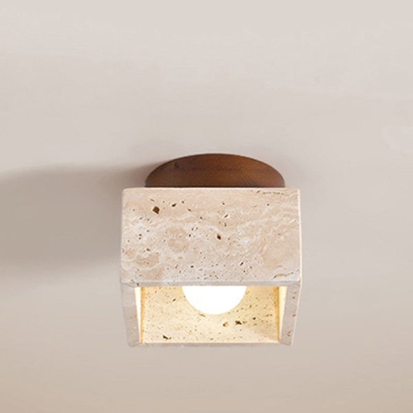 Traditional Japanese Round Square Stone Wood 1-Light Semi-Flush Mount Ceiling Light For Living Room - Image 9