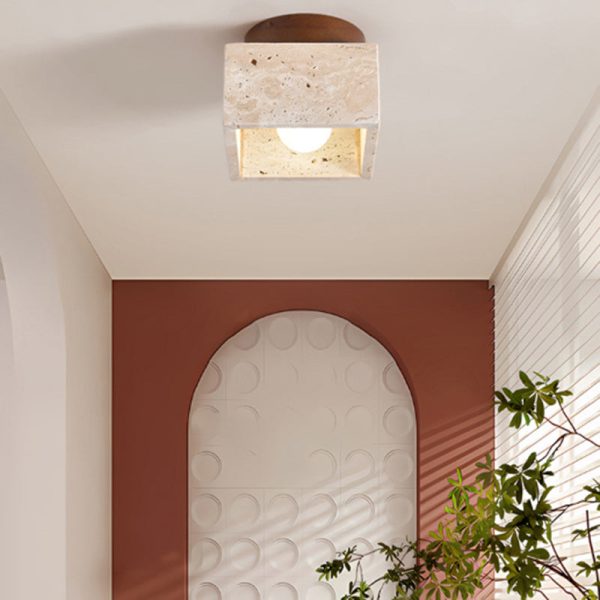 Traditional Japanese Round Square Stone Wood 1-Light Semi-Flush Mount Ceiling Light For Living Room - Image 10