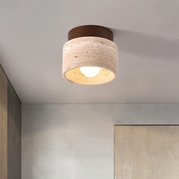 Traditional Japanese Round Square Stone Wood 1-Light Semi-Flush Mount Ceiling Light For Living Room - Image 11