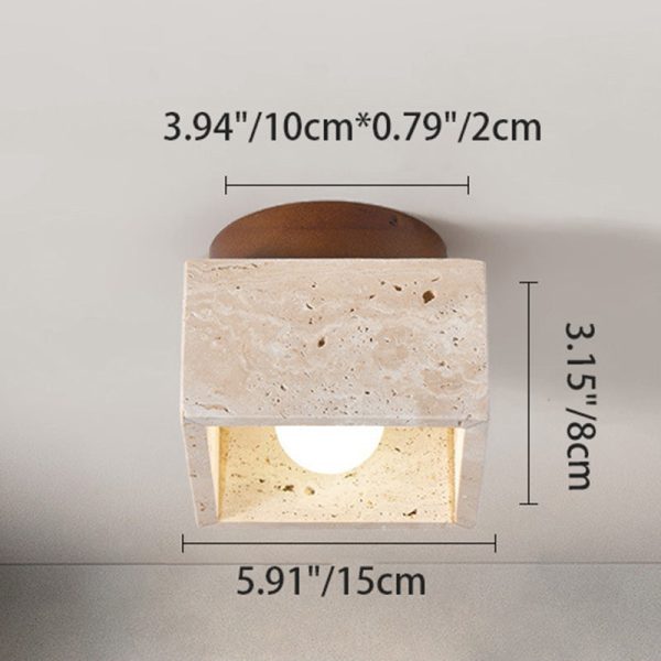 Traditional Japanese Round Square Stone Wood 1-Light Semi-Flush Mount Ceiling Light For Living Room - Image 4