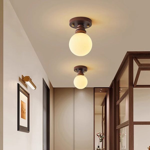 Traditional Japanese Oval Wood Glass 1-Light Semi-Flush Mount Ceiling Light For Living Room - Image 2