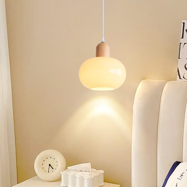 Contemporary Nordic Round Wood Glass 1-Light Pendant Light For Living Room - Image 2